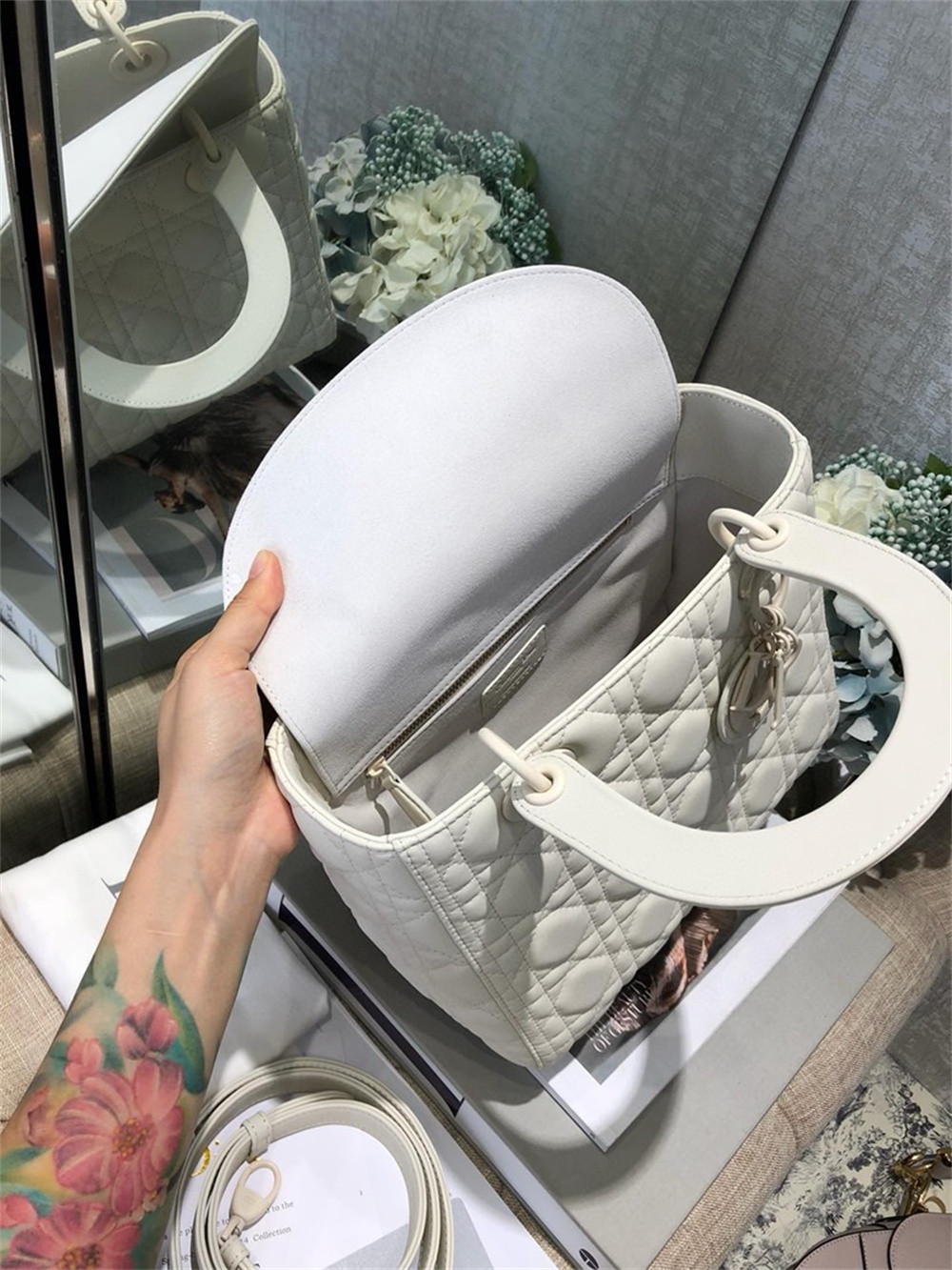 medium lady D*or bag 9.5 x 8 x 4.5 inches