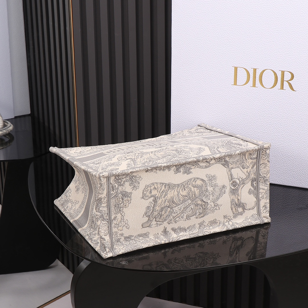 medium D*or book tote ecru and gray toile de jouy embroidery 14 x 11 x 6.5 inches