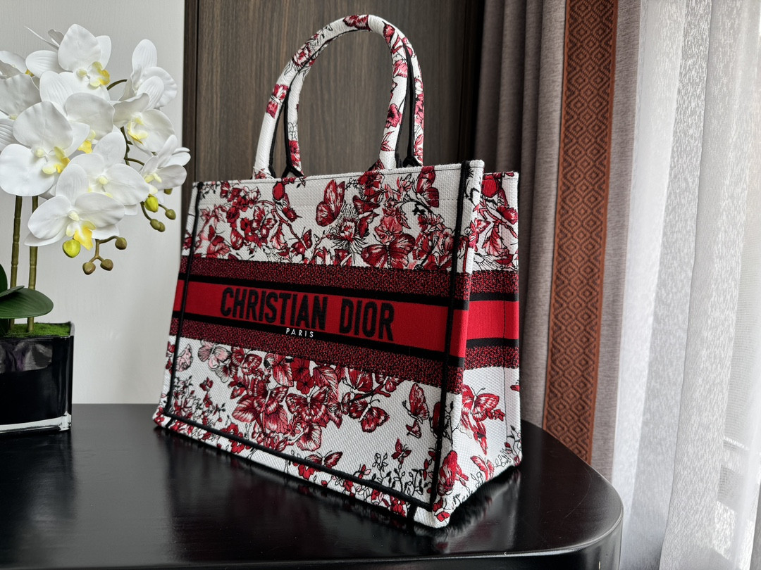 medium D*or book tote  white and red le cœur des papillons embroidery 14 x 11 x 6.5 inches