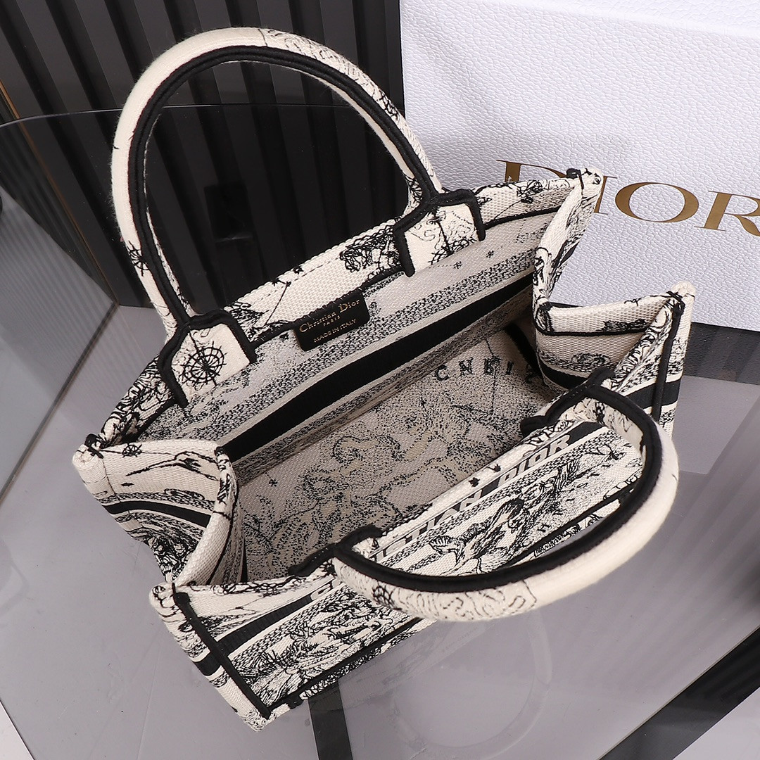 small D*or book tote latte and black toile de jouy zodiac embroidery 10.5 x 8.5 x 5.5 inches