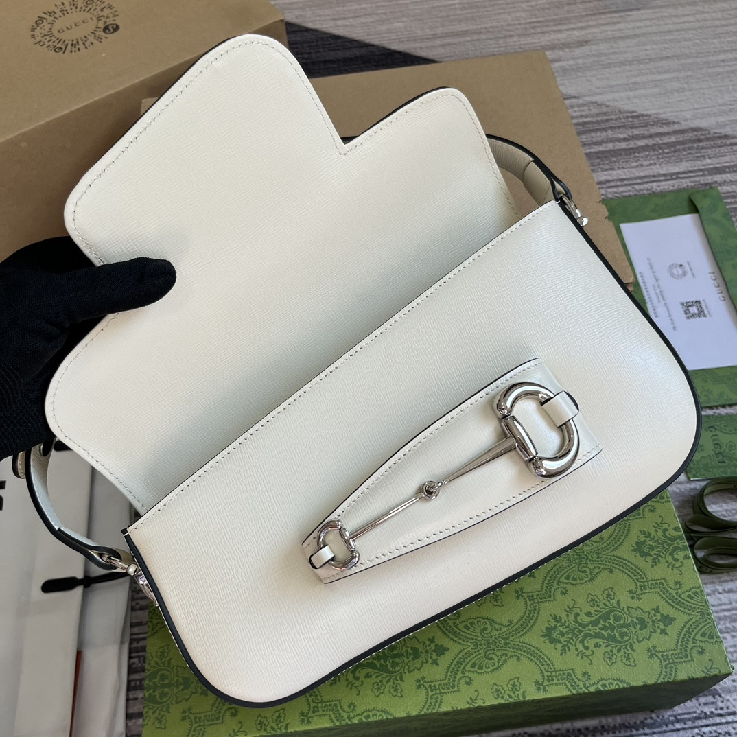 G*u*i horsebit 1955 small shoulder bag white 10.4"w x 6.7-4.1"h x 3.1-1.6"d