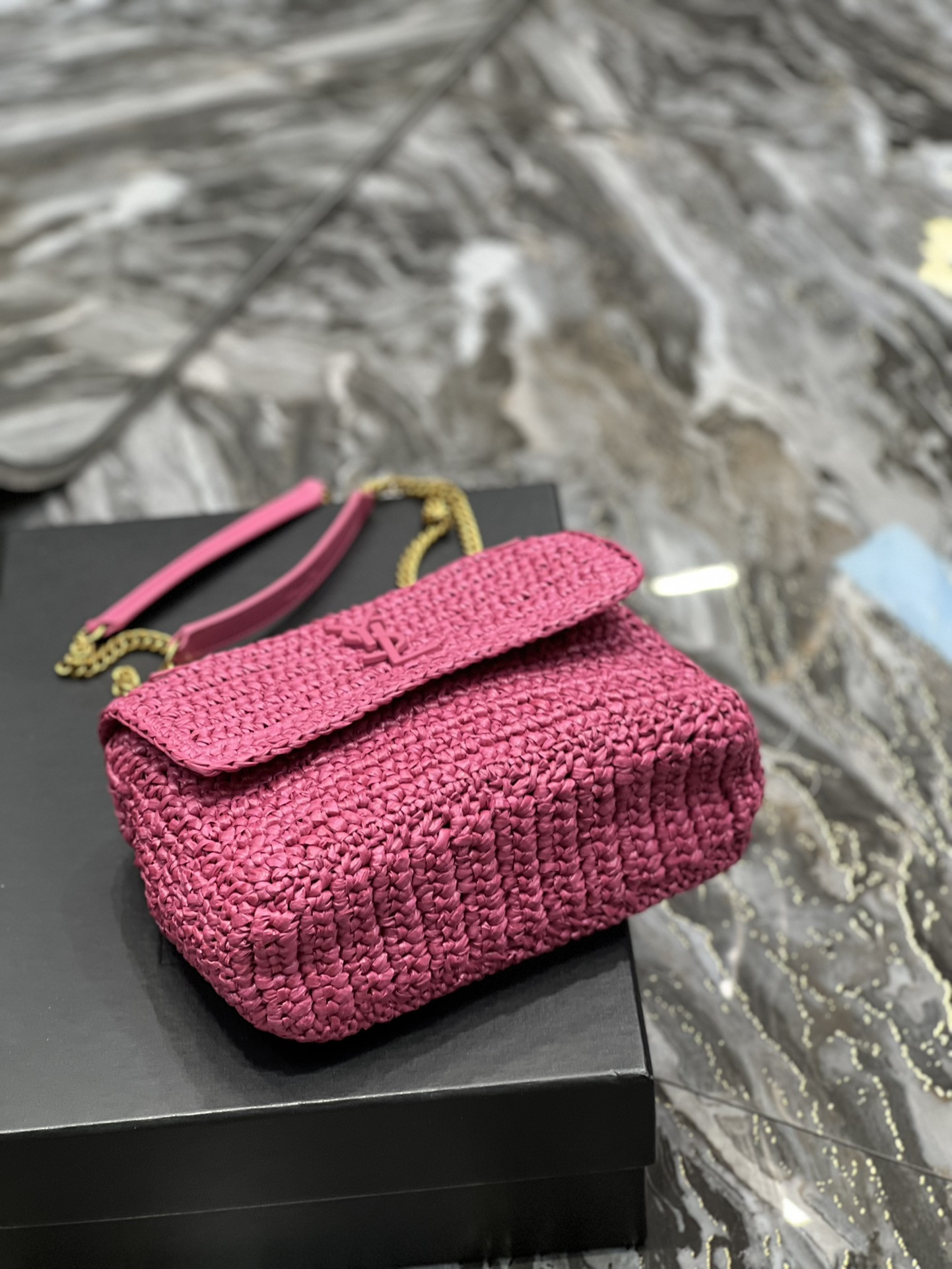 Y*L niki chain bag in raffia and leather 22×16.5×12 cm