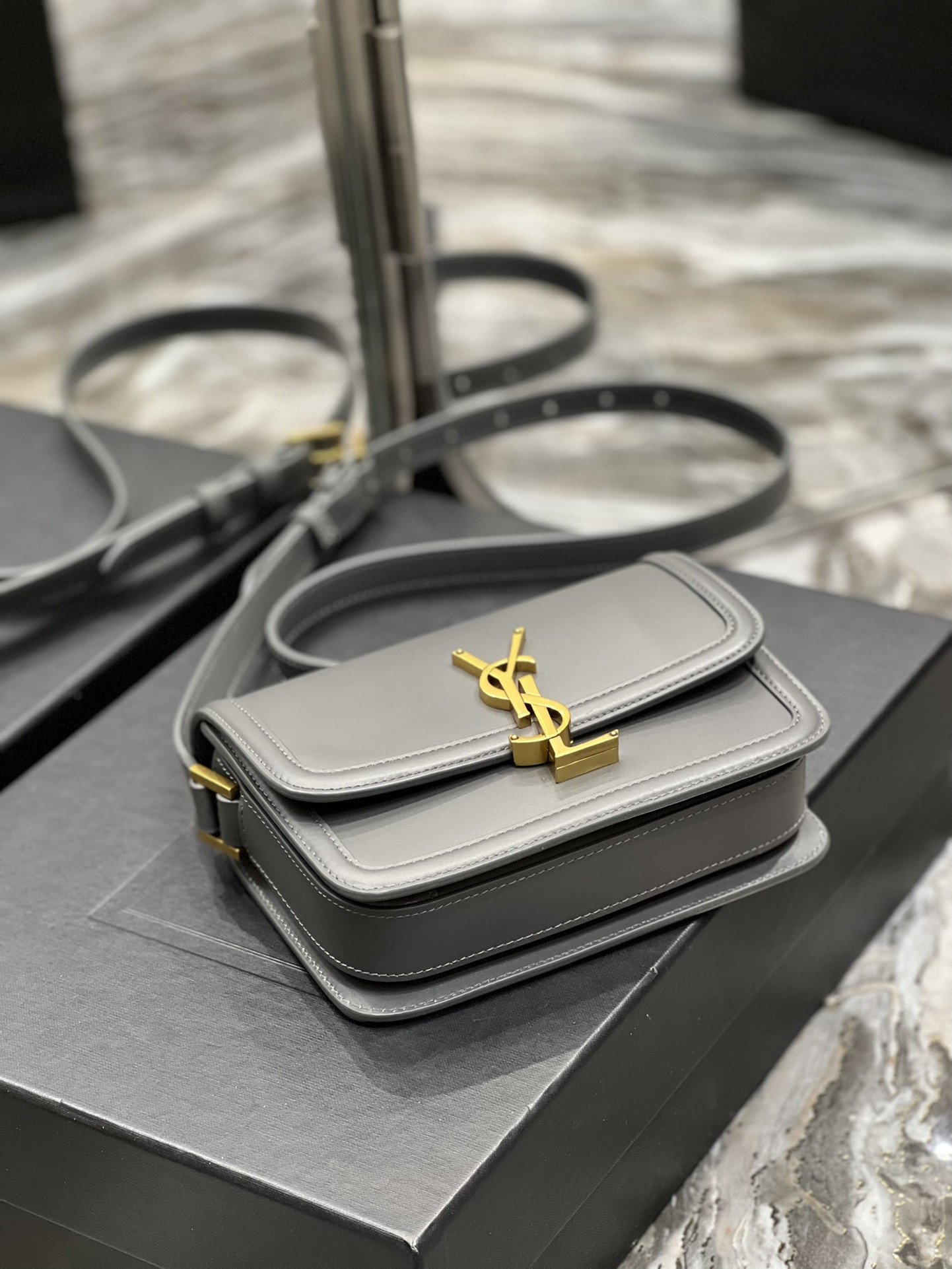 y*l solferino small satchel in box Sa**t Lau*nt storm 7.4 x 5.1 x 1.9 inches