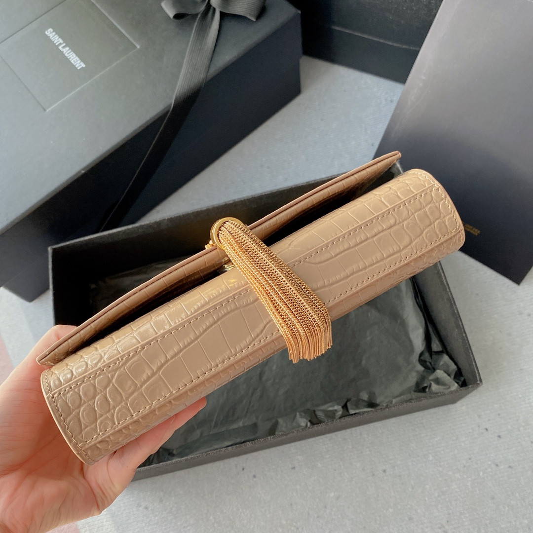 Y*L kate medium tassel in crocodile-embossed leather pink 9.4 x 5.7 x 2.1 inches