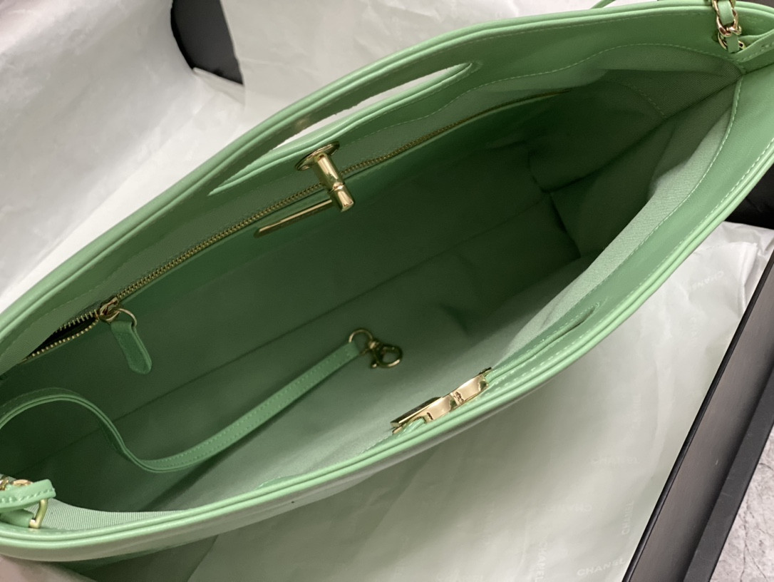 Ch*el  shopping bag shiny lambskin & gold-tone metal light green 35x39x8cm