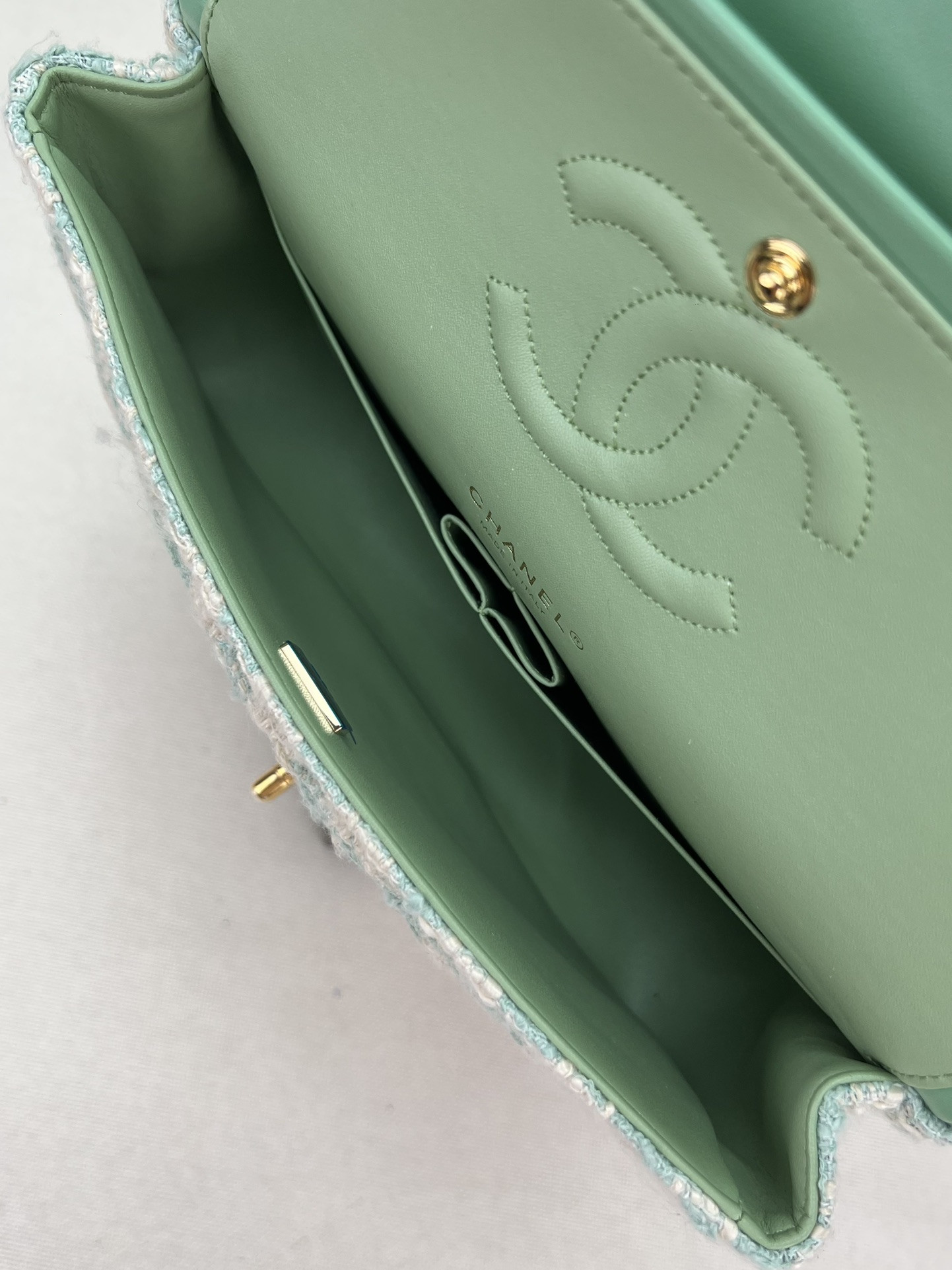 Ch*el classic 11.12 handbag tweed & gold-tone metal 6 × 9.9 × 2.5 in