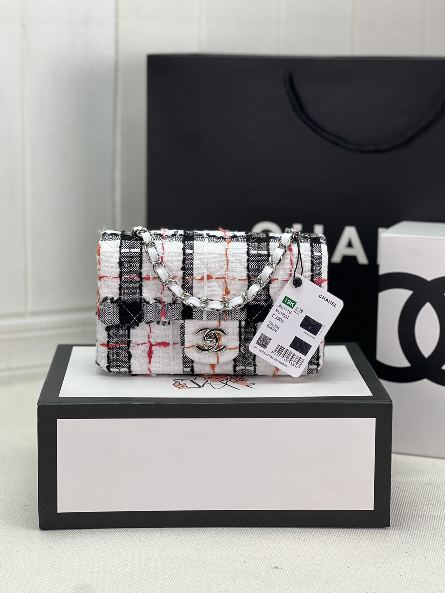 Ch*el mini classic 11.12 handbag tweed & silver-tone metal 4.7 × 7.8 × 2.3 in