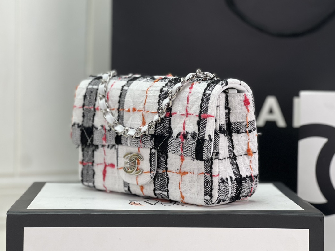 Ch*el mini classic 11.12 handbag tweed & silver-tone metal 4.7 × 7.8 × 2.3 in