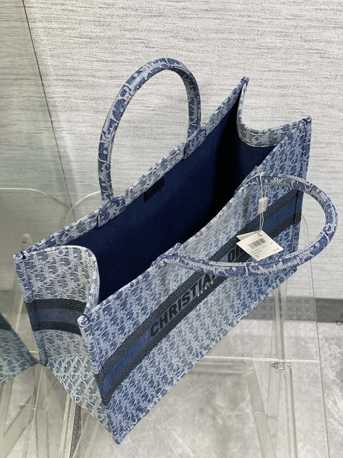 large D*or book tote blue denim D*or oblique jacquard 42 x 35 x 18.5 cm